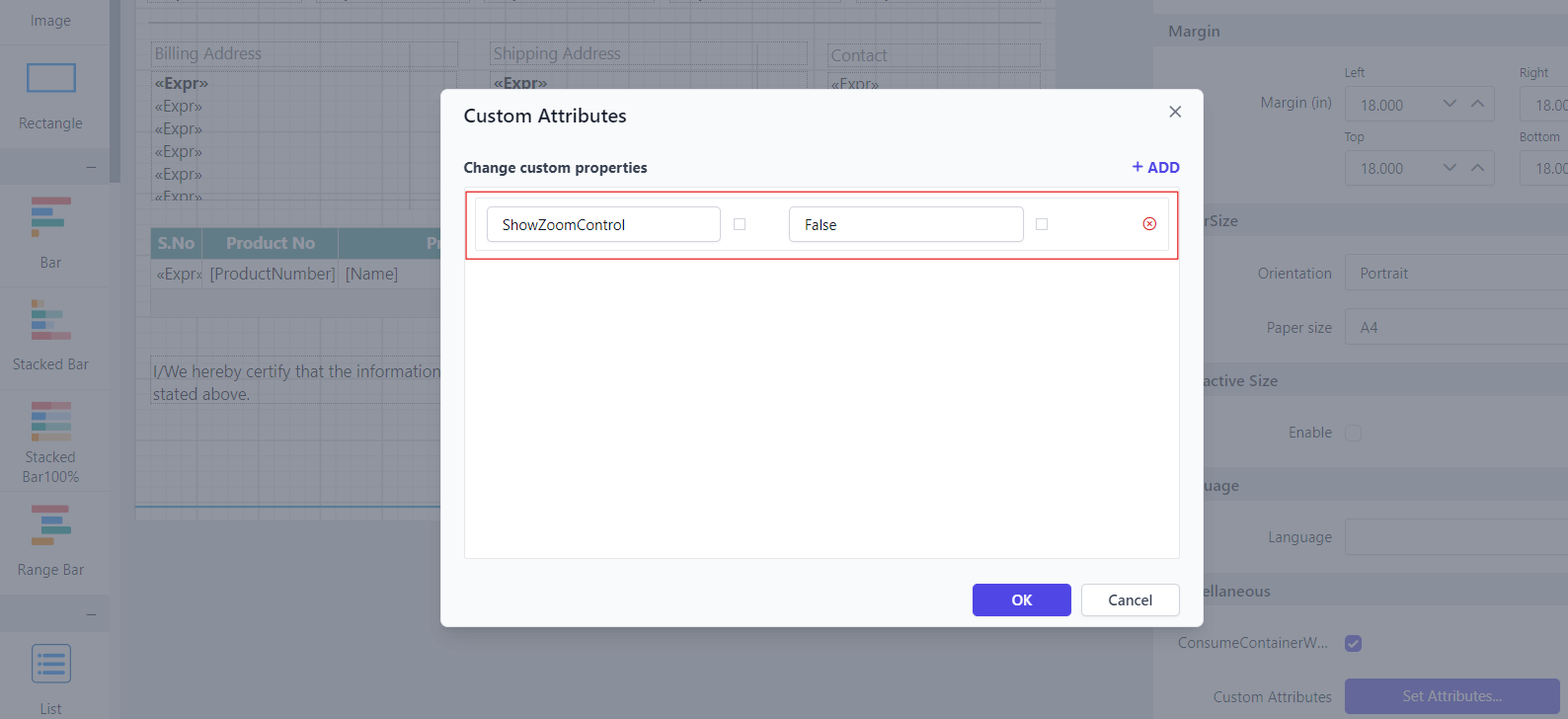 Shows configuration of ShowZoomControl property in custom property dialog