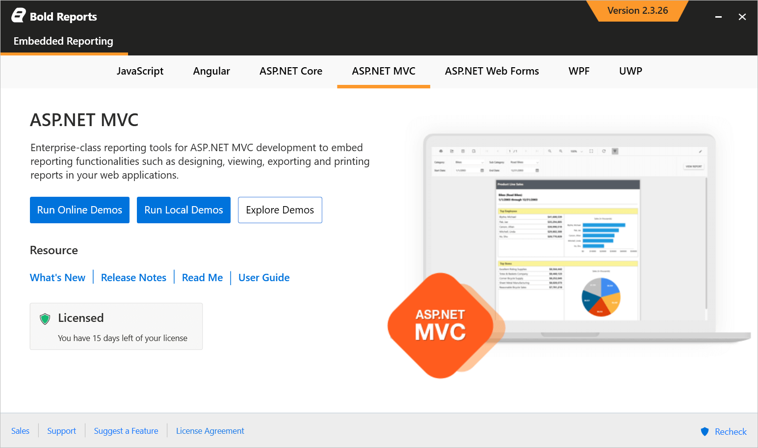 Control panel of ASP.NET MVC samples