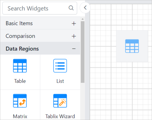 Drag and drop tablix report item into design area