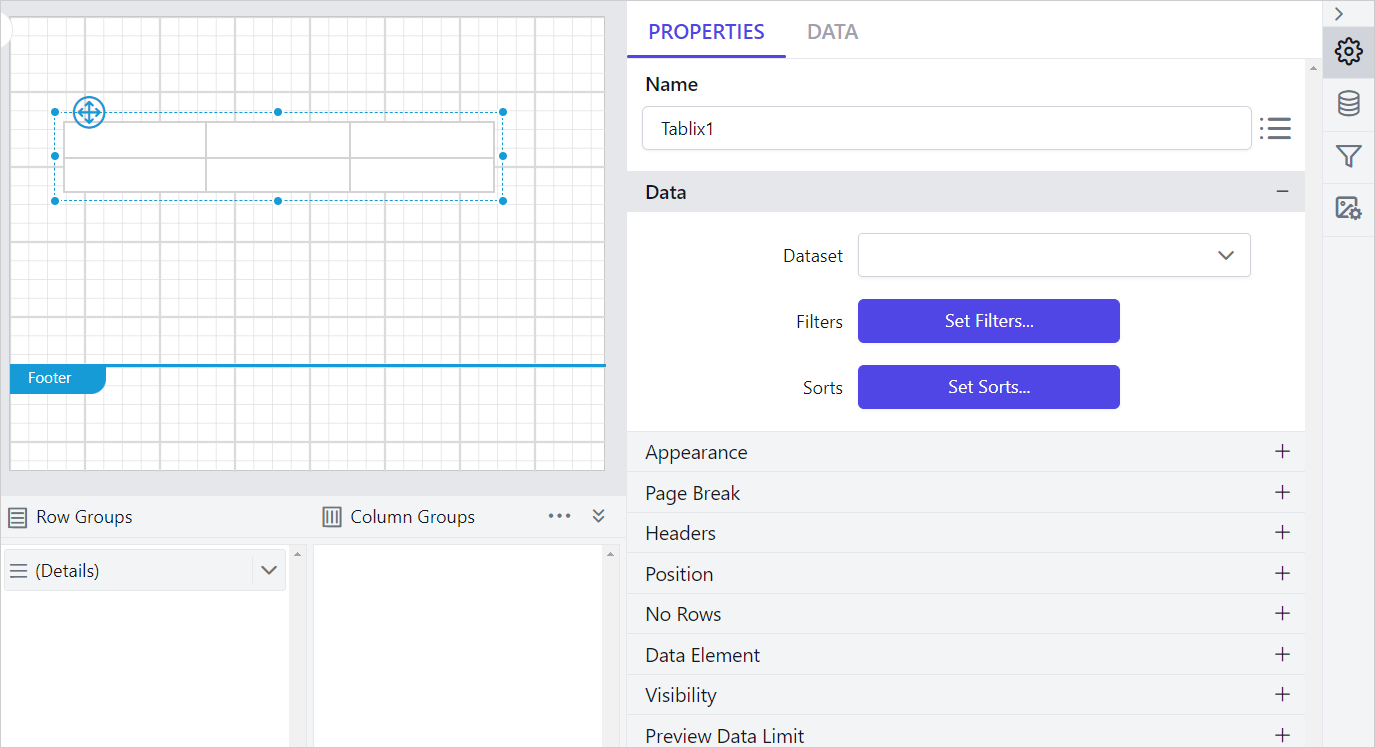 Tablix item with properties view