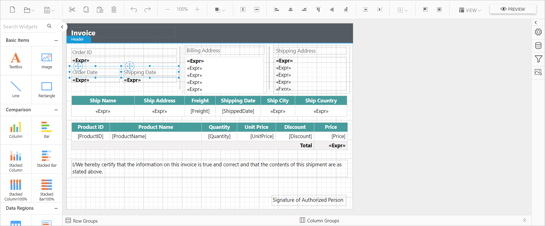 Rendering of Report Designer tool bar items in normal layout