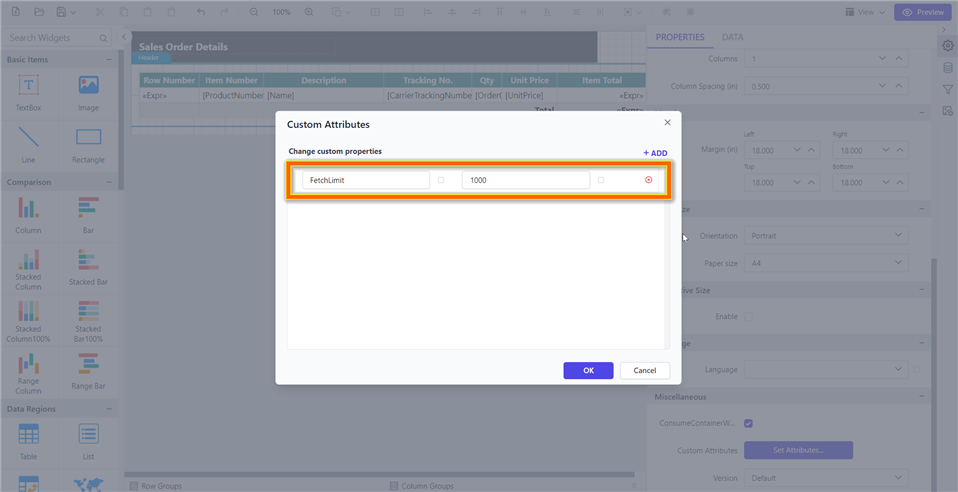 Shows configuration of enable fetch limit property in custom property dialog