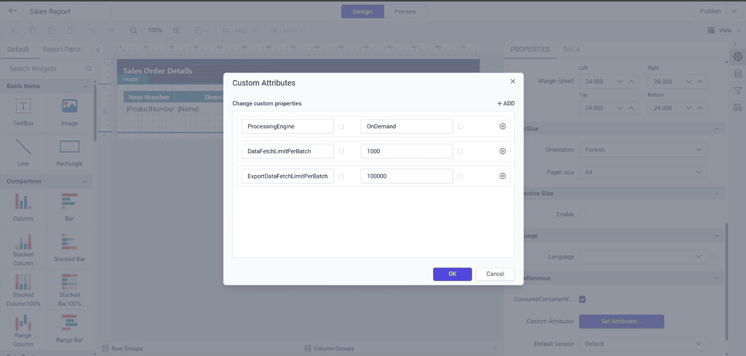 Shows the configuration to enable on demand data retrieval engine mode in custom property dialog