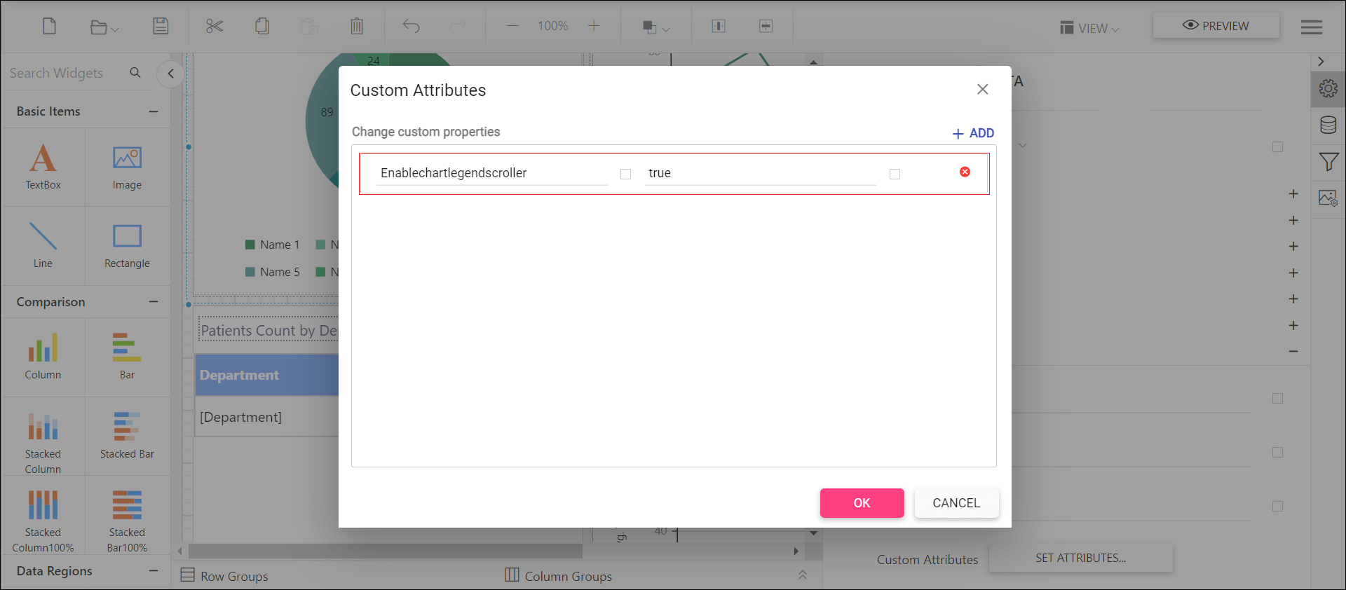 Shows configuration of enabling chart legend scrollbar property in custom property dialog