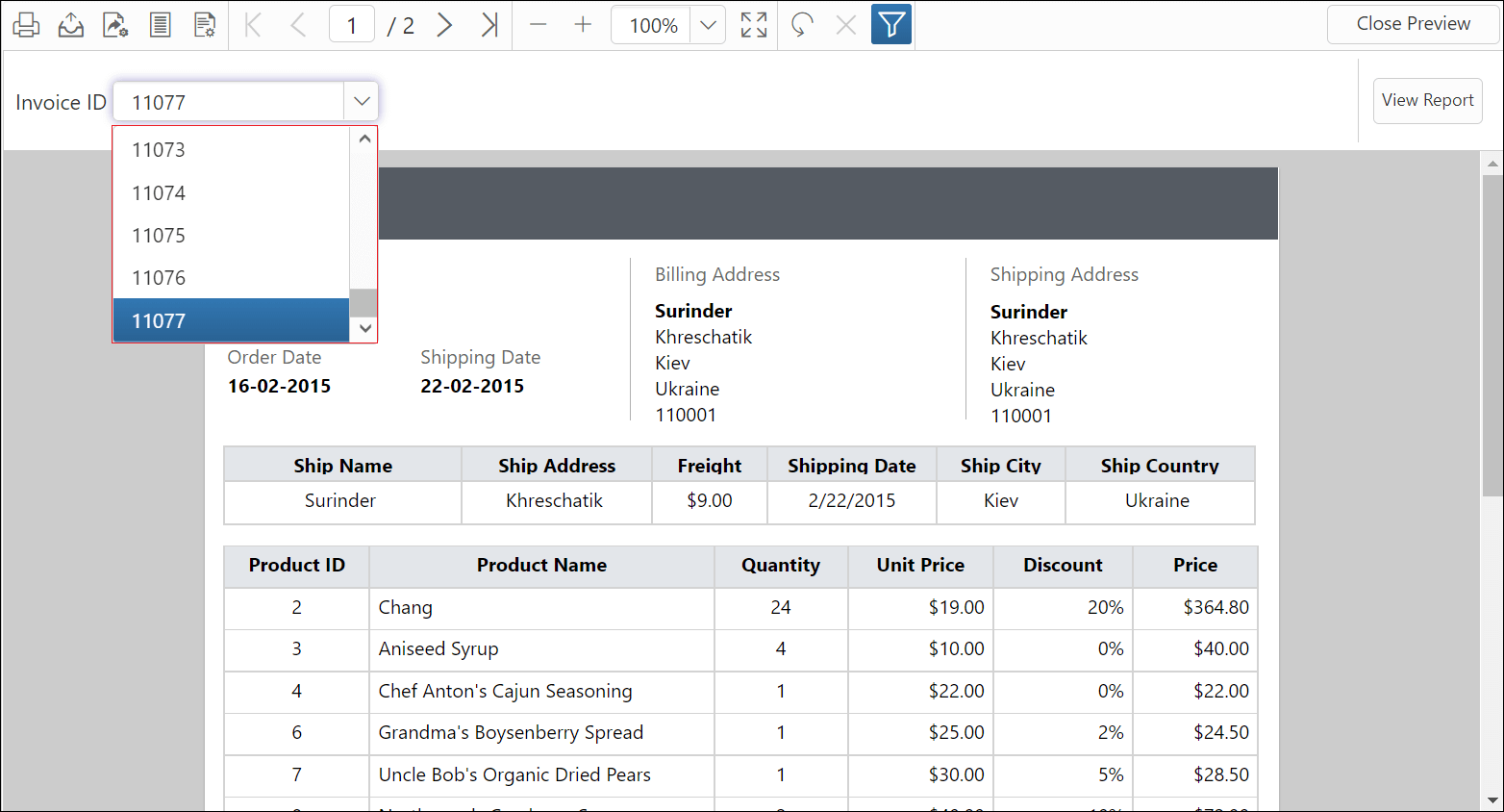 Preview of sorted parameter values in Report Viewer