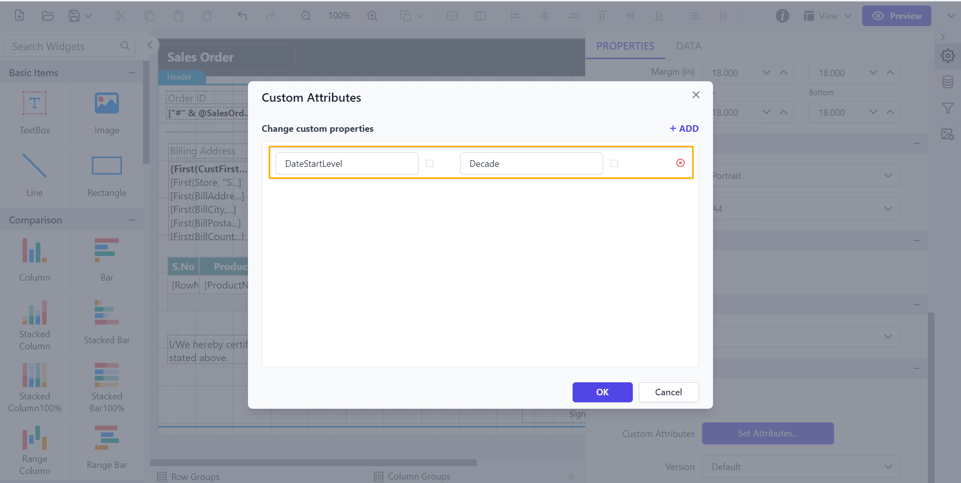 Shows configuration of DateStartLevel property in custom property dialog