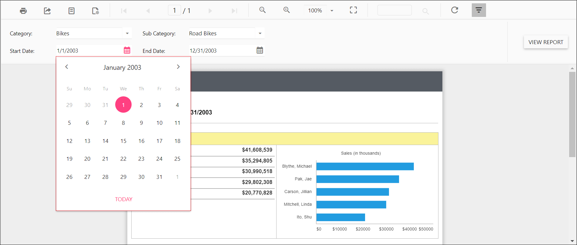 Preview of default value of date time picker Report Viewer