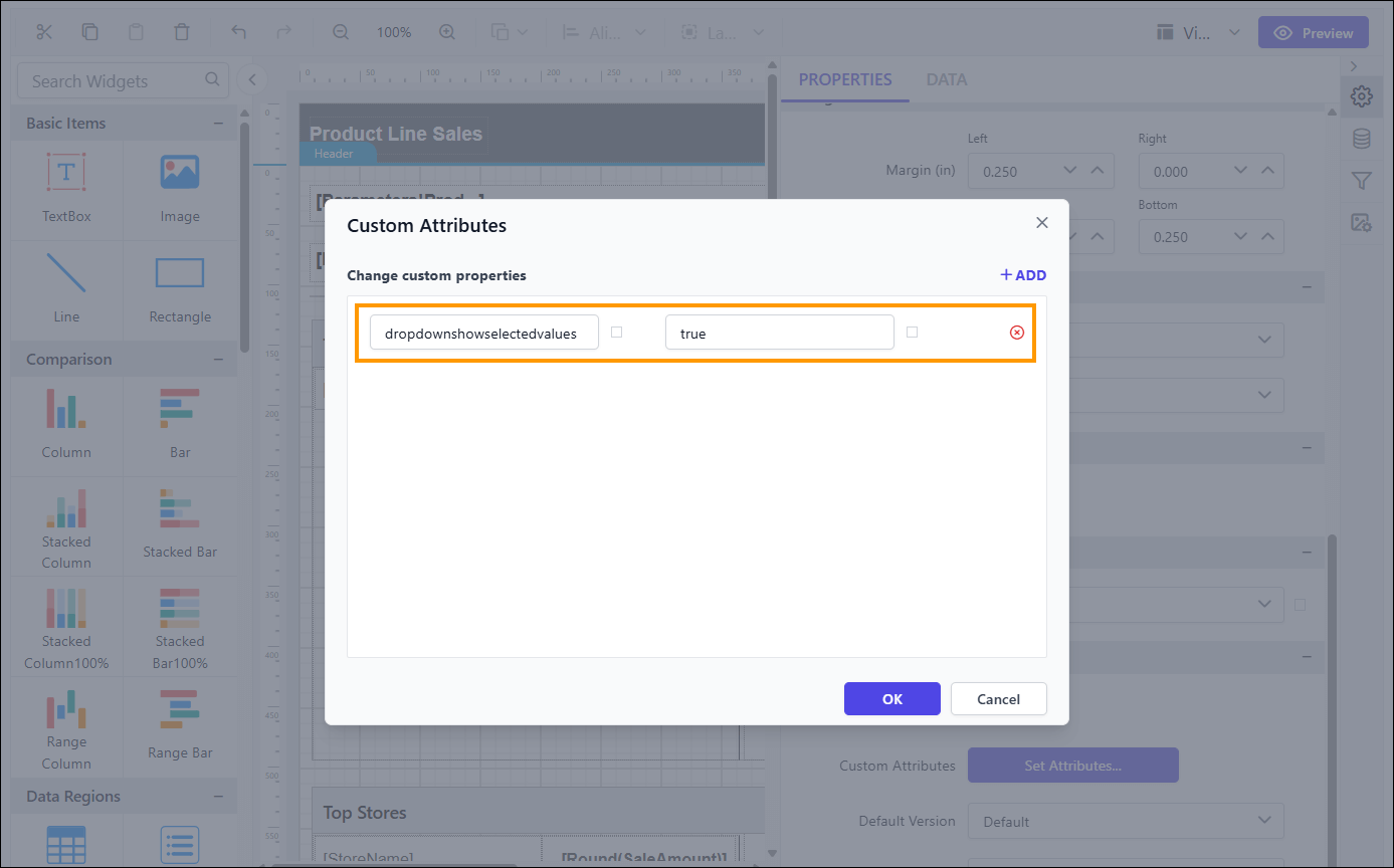 Shows configuration of enabling dropdownselectedvalue property in custom property dialog