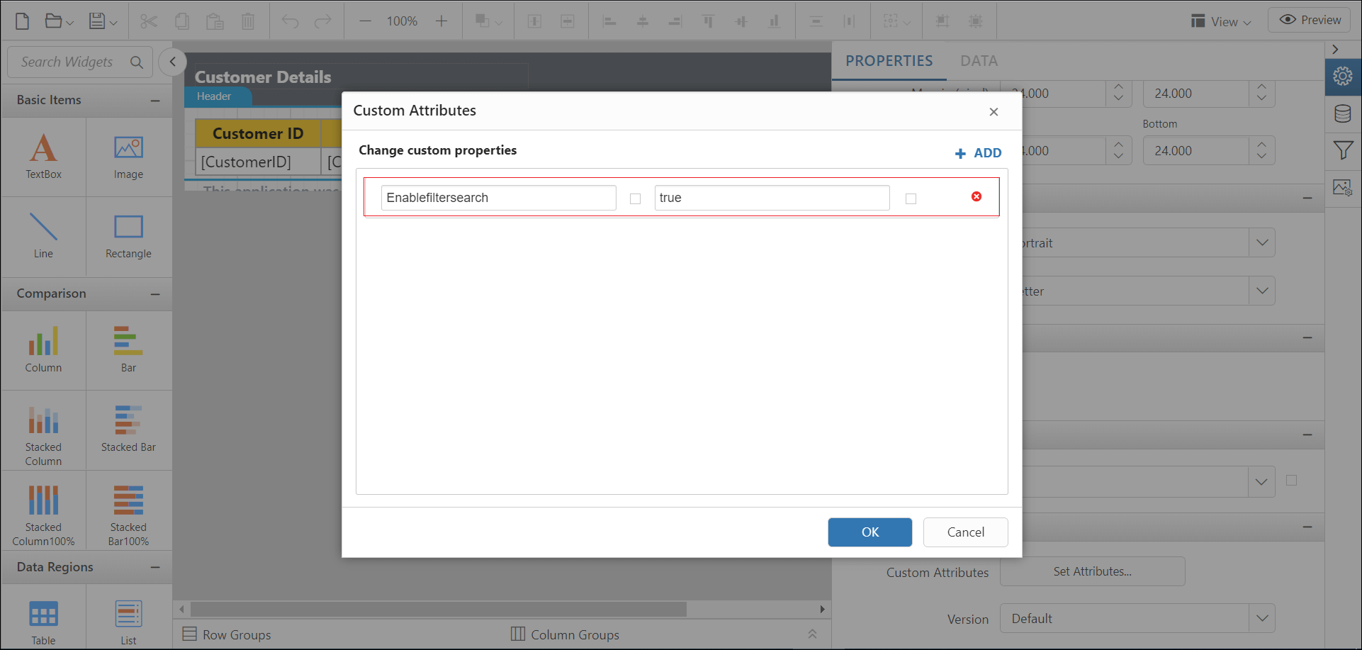 Shows configuration of enabling filter search property in custom property dialog