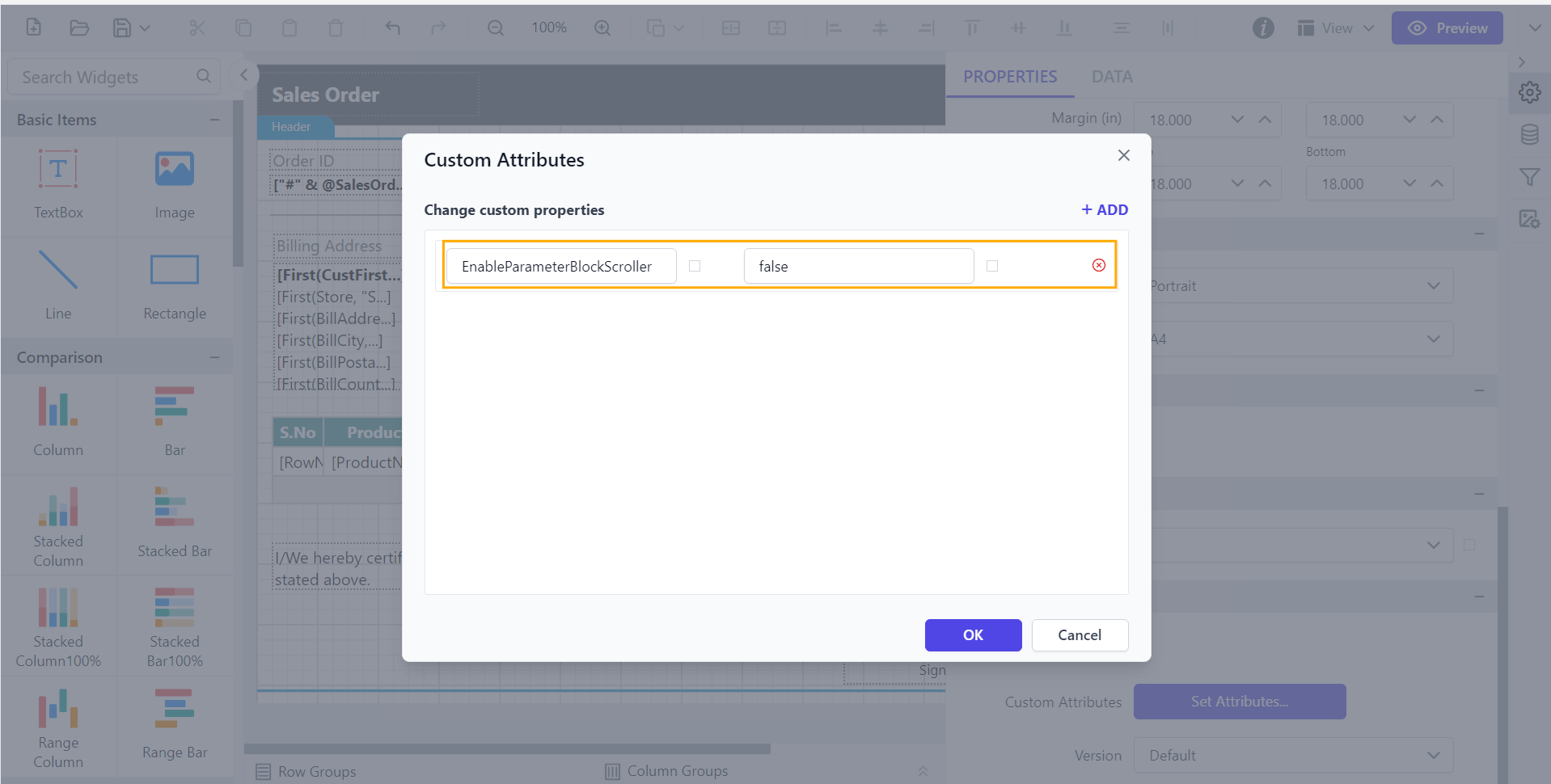 Shows configuration to enable parameter scroller property in custom property dialog