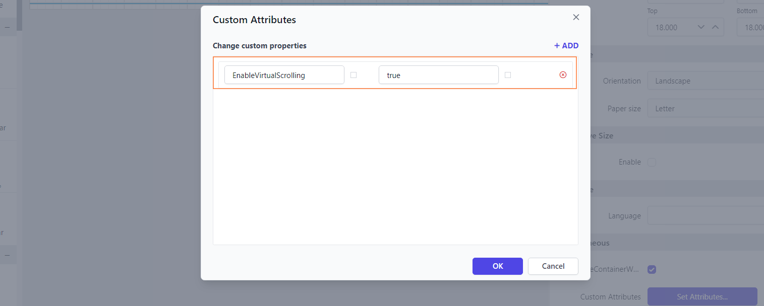 Shows configuration of EnableVirtualScrolling property in custom property dialog