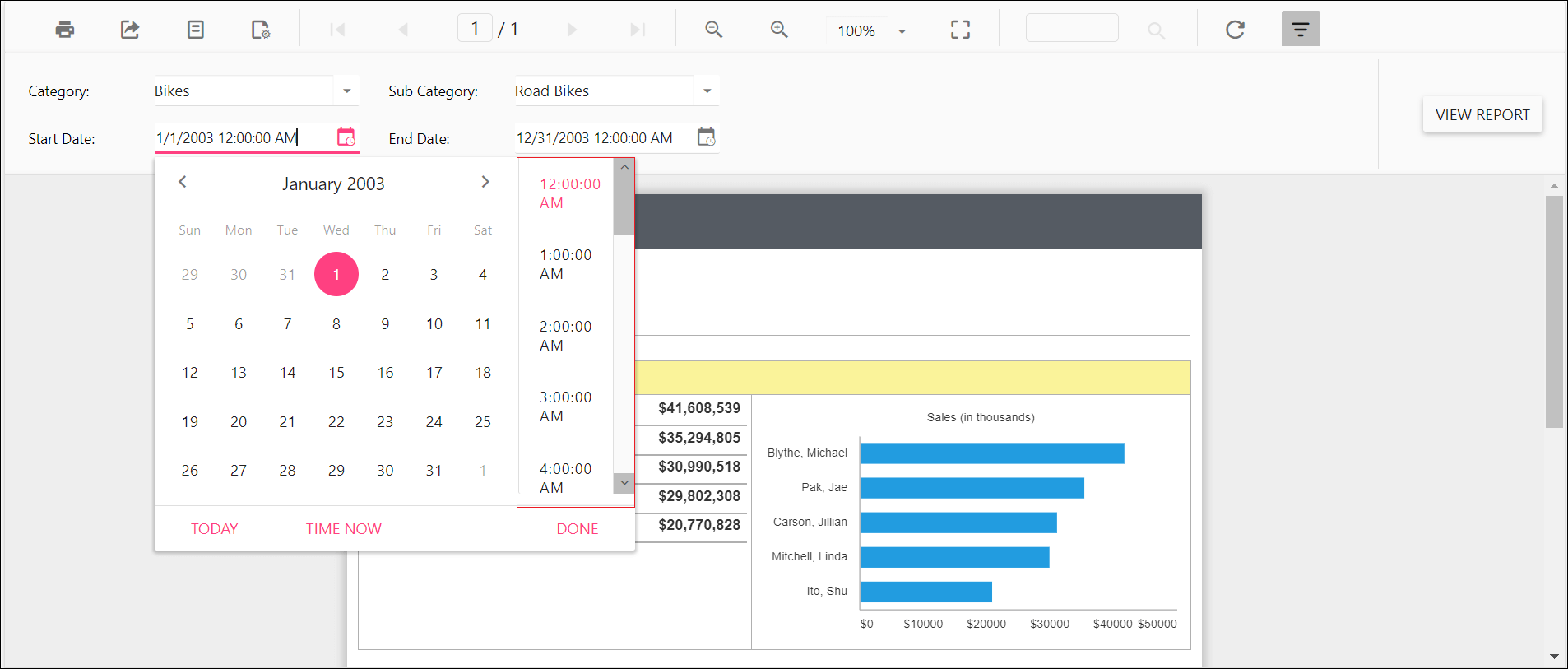 Preview of time interval in date parameter in Report Viewer