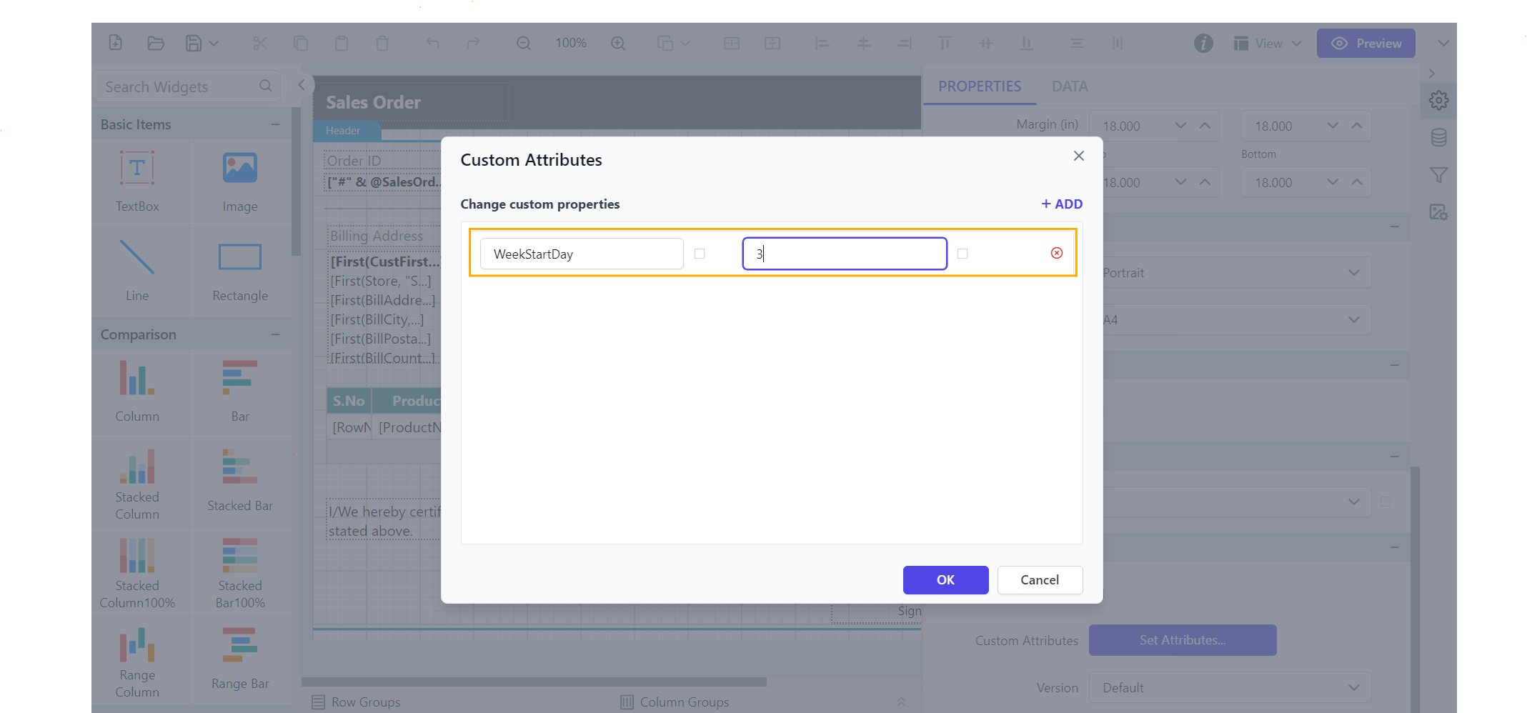 Shows configuration of Week Start Day property in custom property dialog