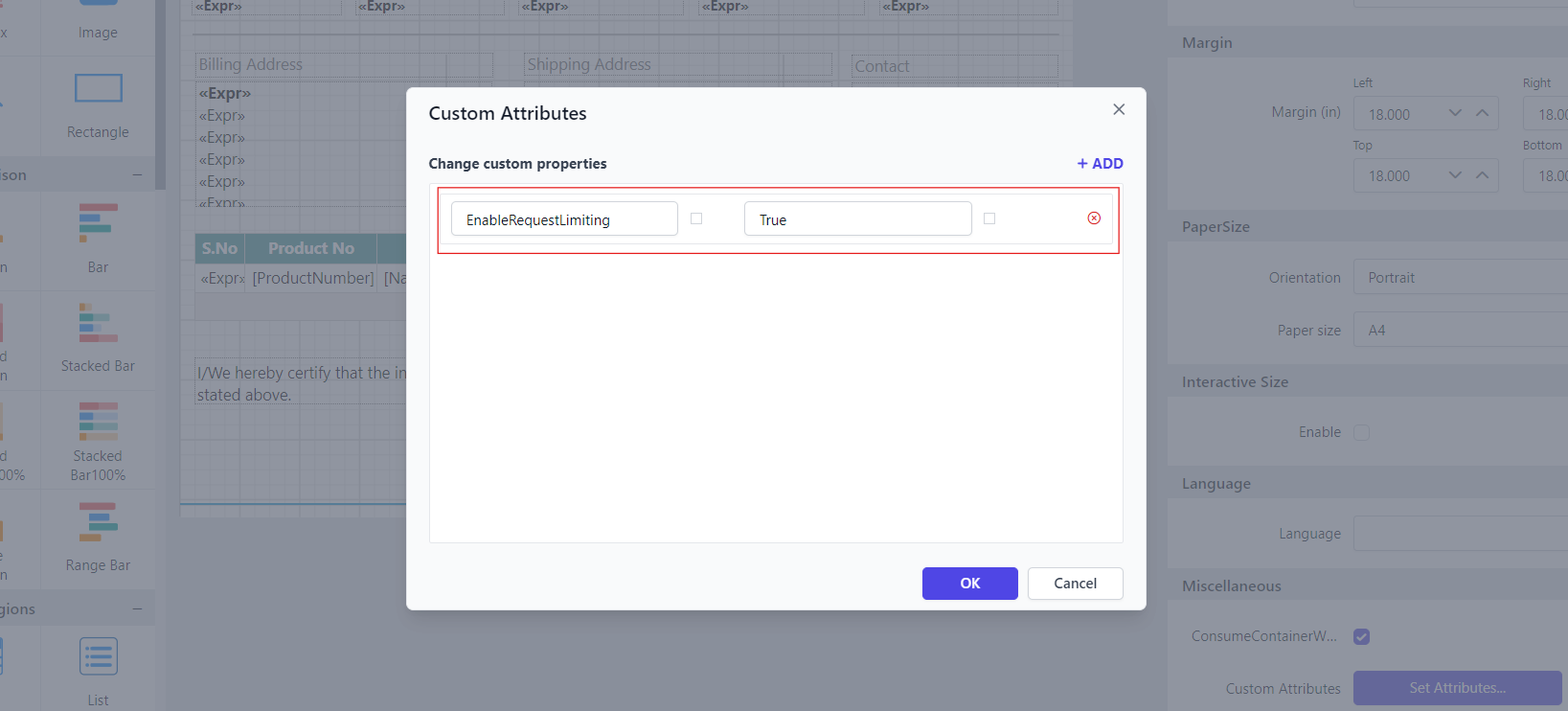 Shows configuration of request limiting property in custom property dialog