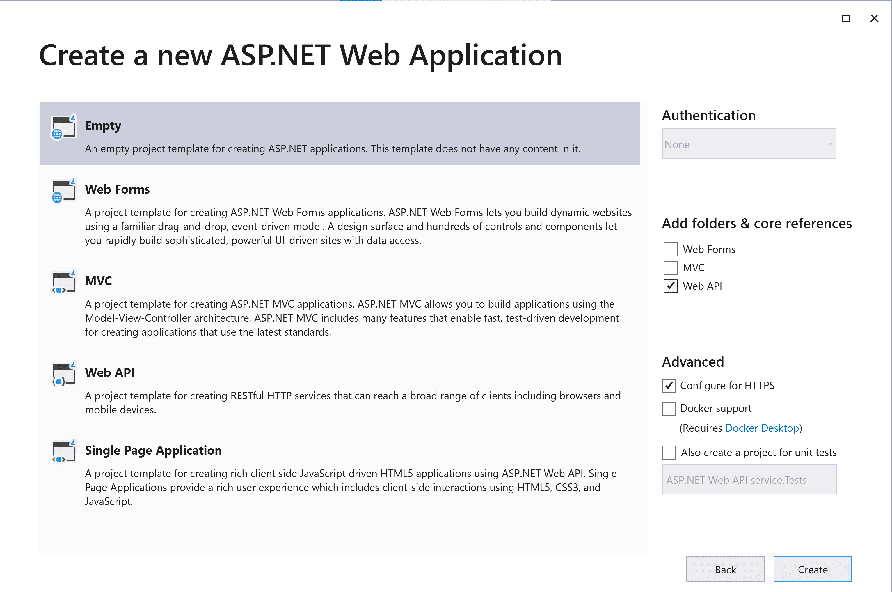 Select Web API and Empty options