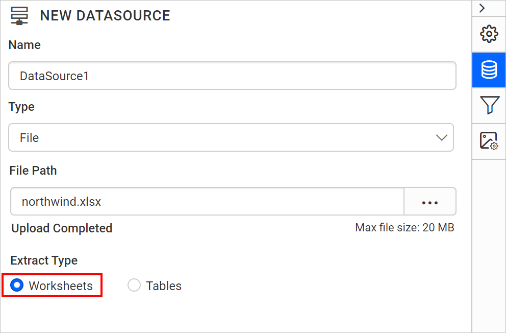 Choose worksheet as extract type