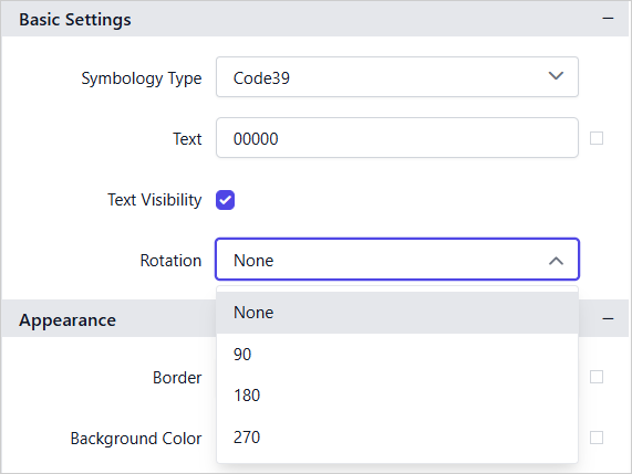 Barcode item with properties view