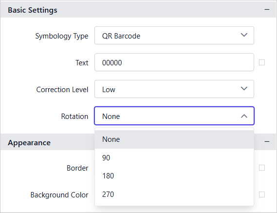 Barcode item with properties view