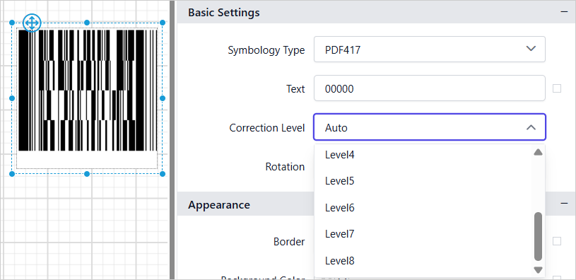 Barcode item with properties view