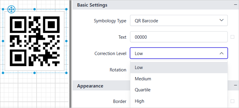 Barcode item with properties view