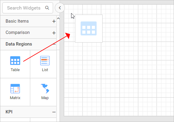 Drag and drop tablix report item into design area
