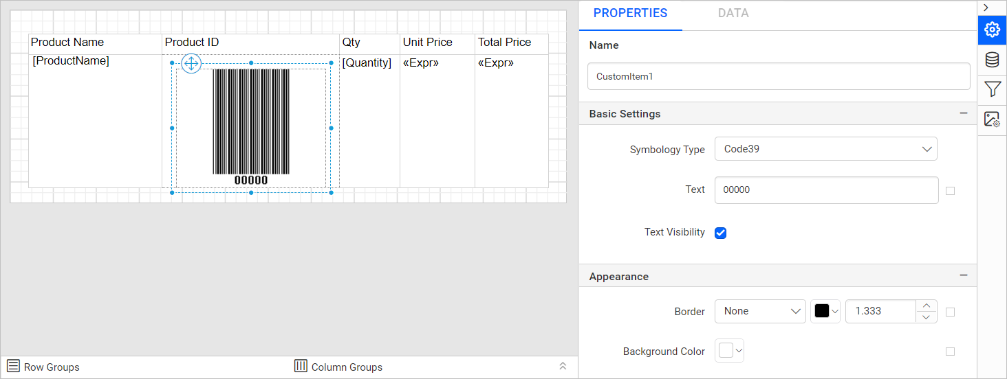 Drag and drop tablix report item into design area