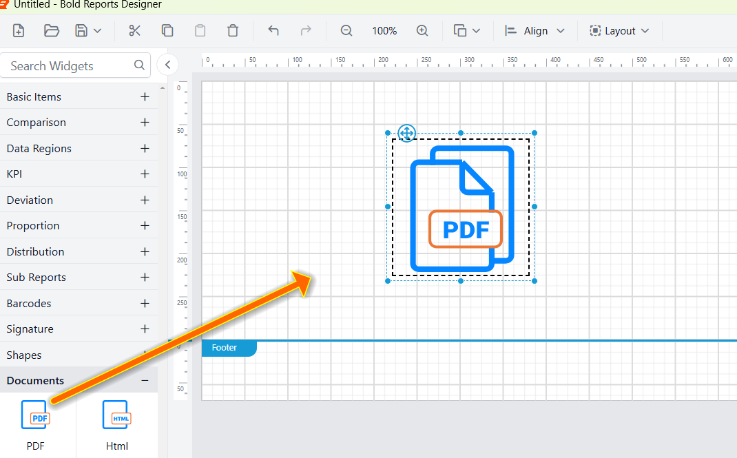 Drag and drop pdf report item into design area