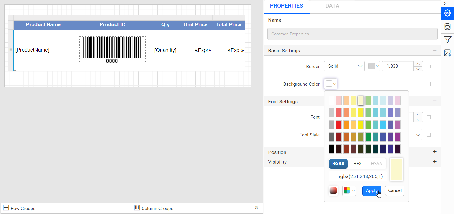 Same report item selection