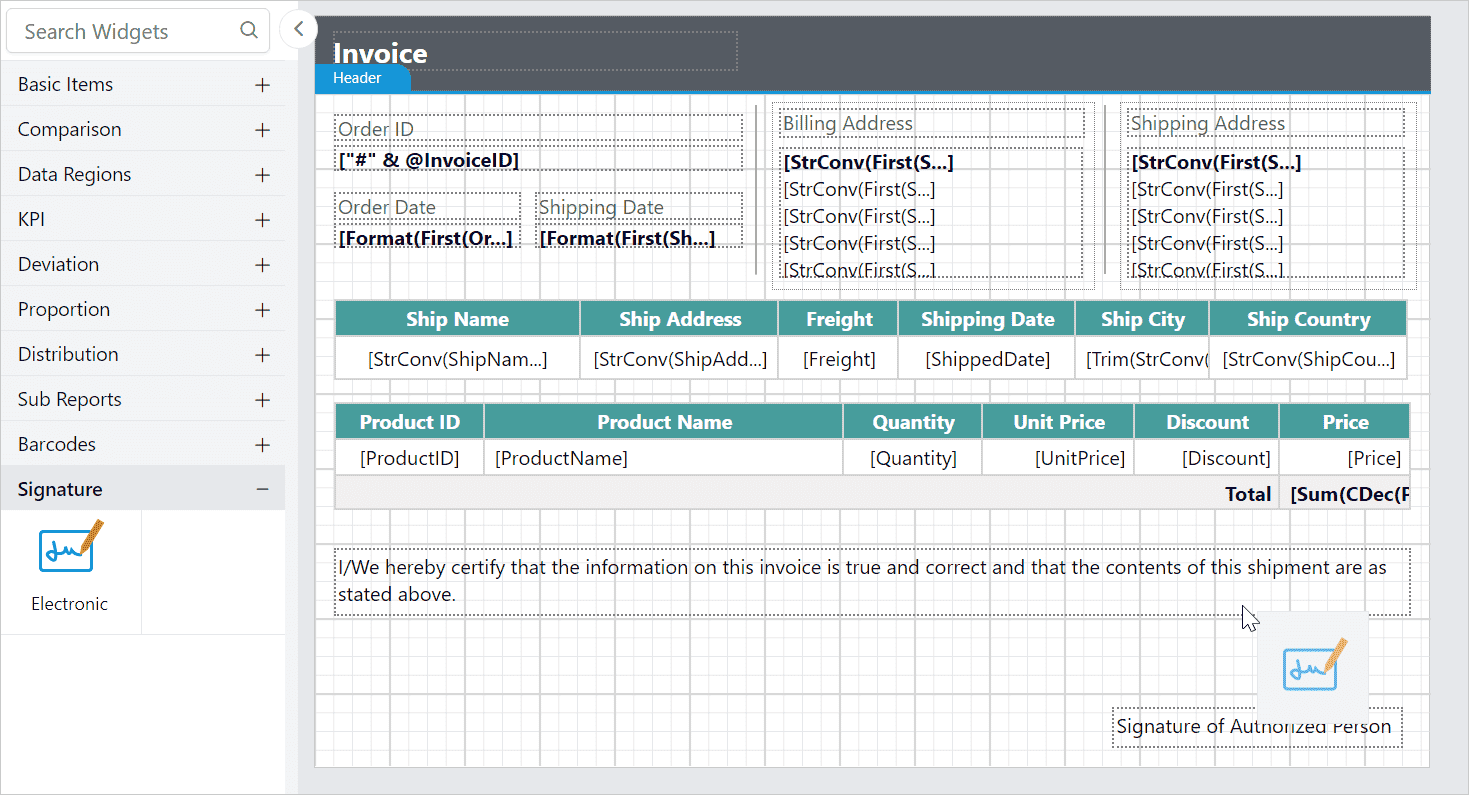 Drag and drop signature into invoice report