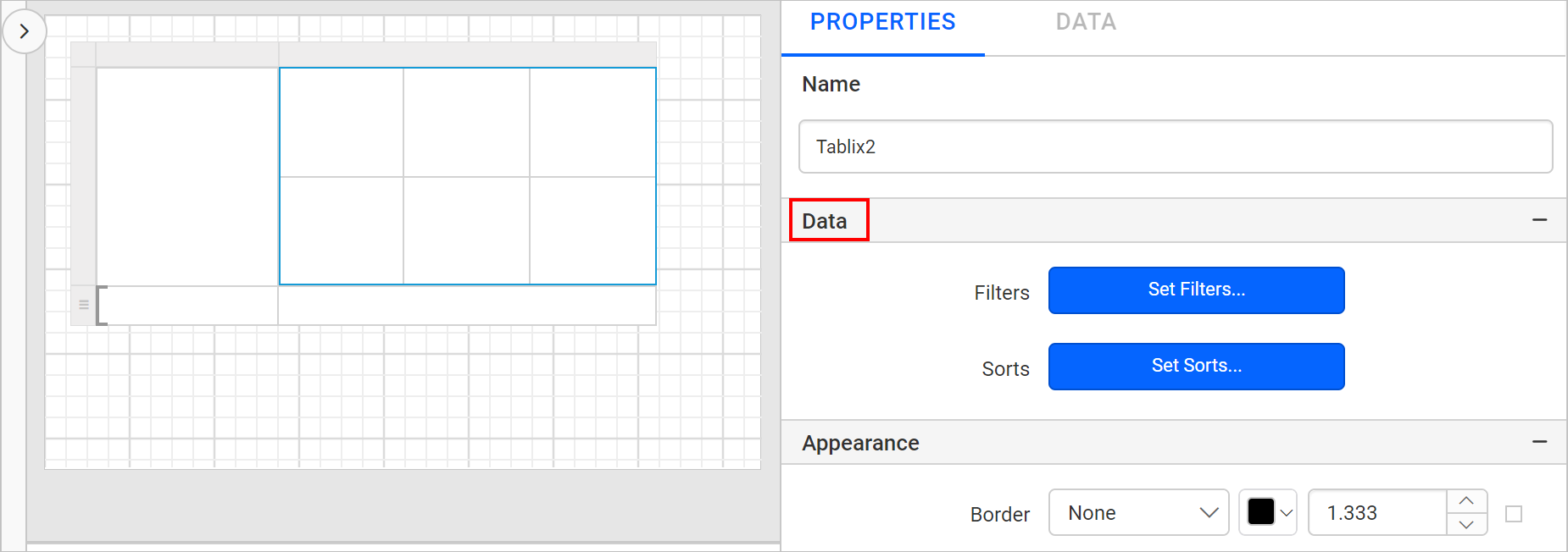 Tablix listed in item panel