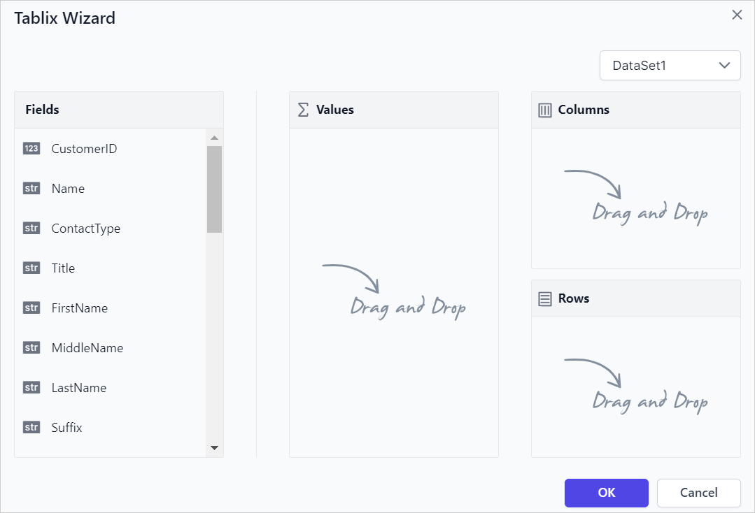 Drag and drop tablix wizard into design area