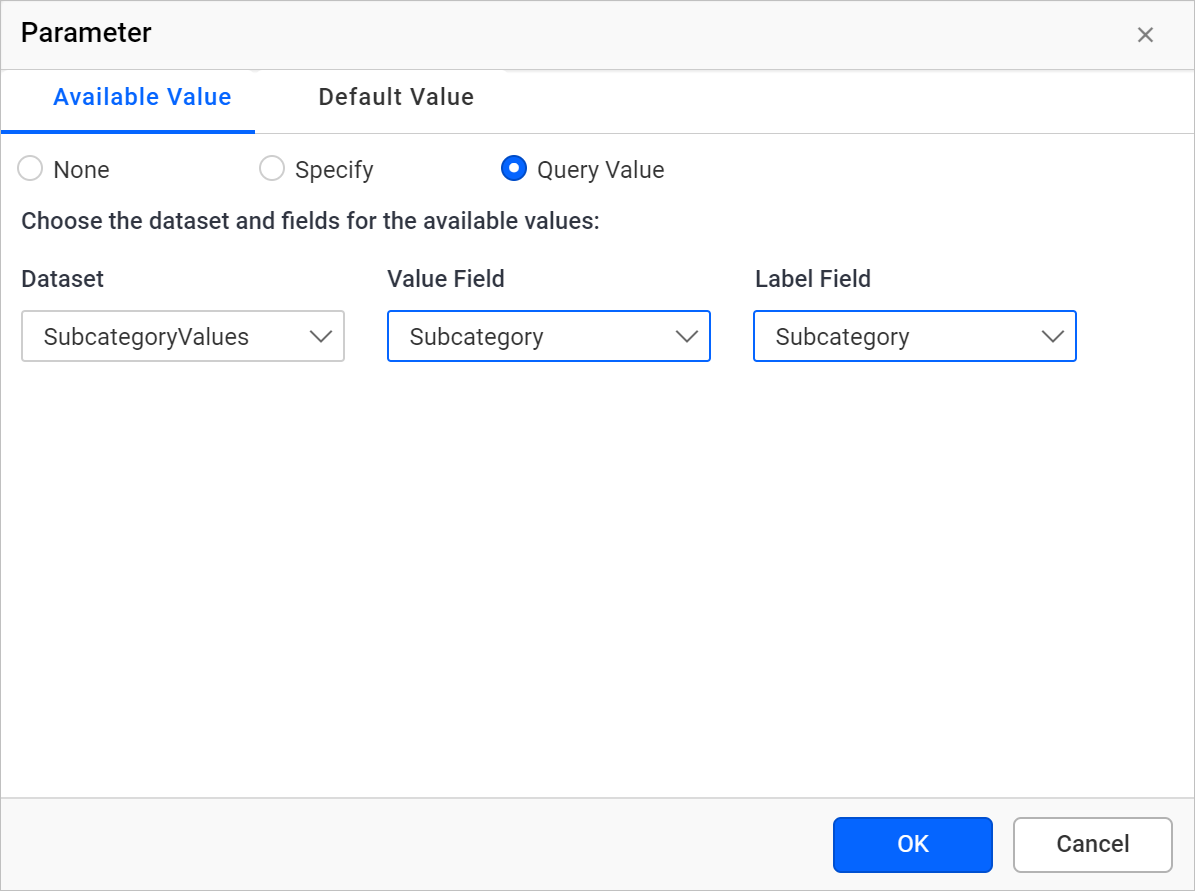 Define available values for Subcategory parameter