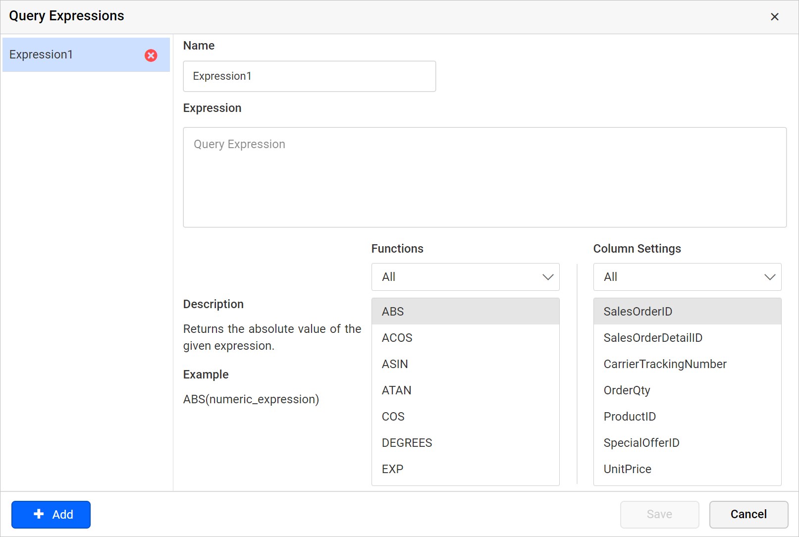 Query expresssion dialog