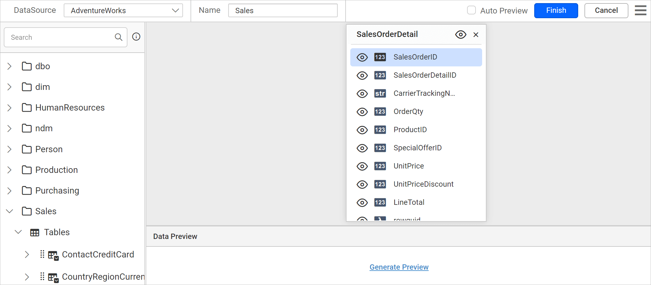 Drag and drop table into design area