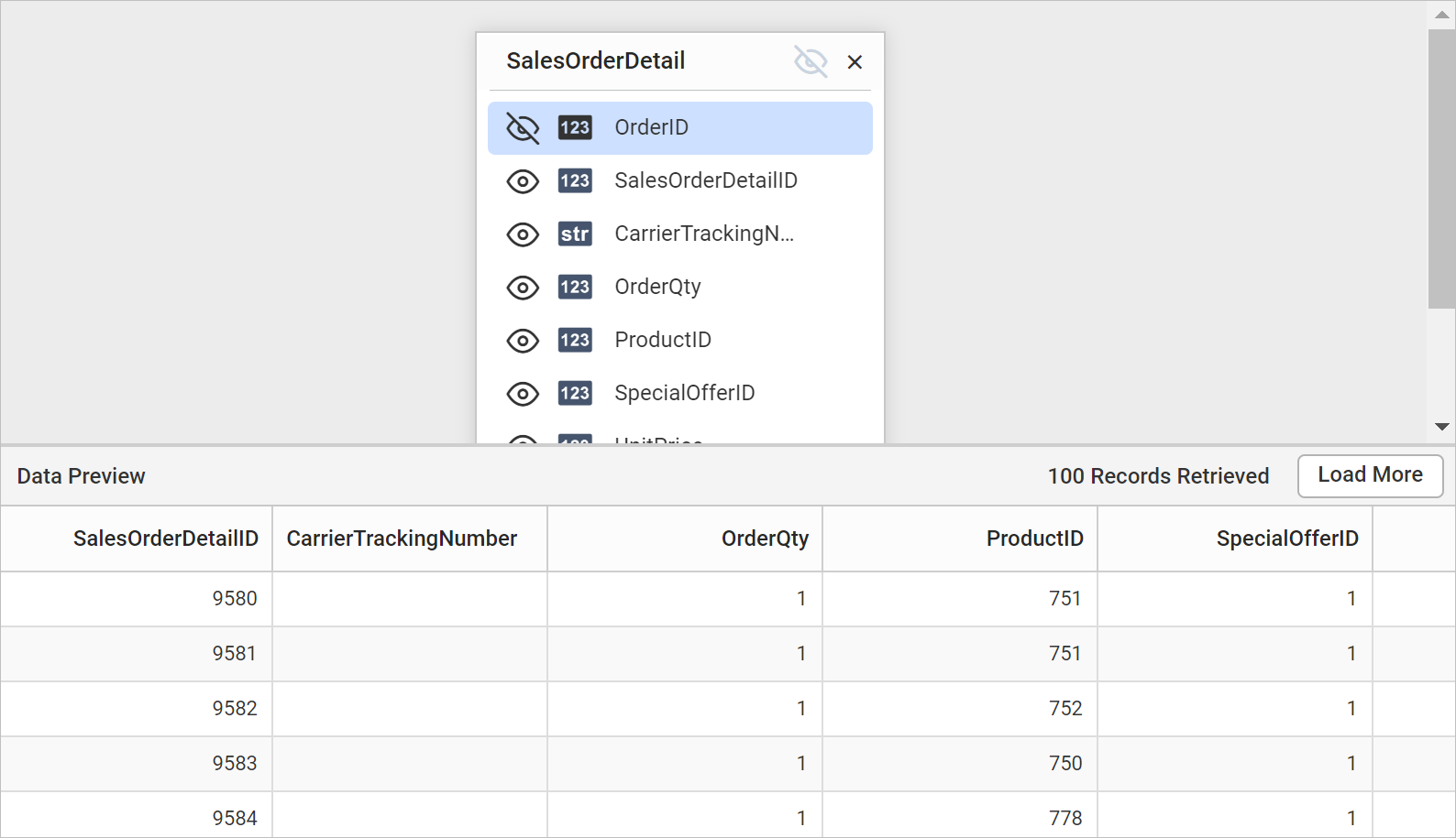 Data preview after column exclude action