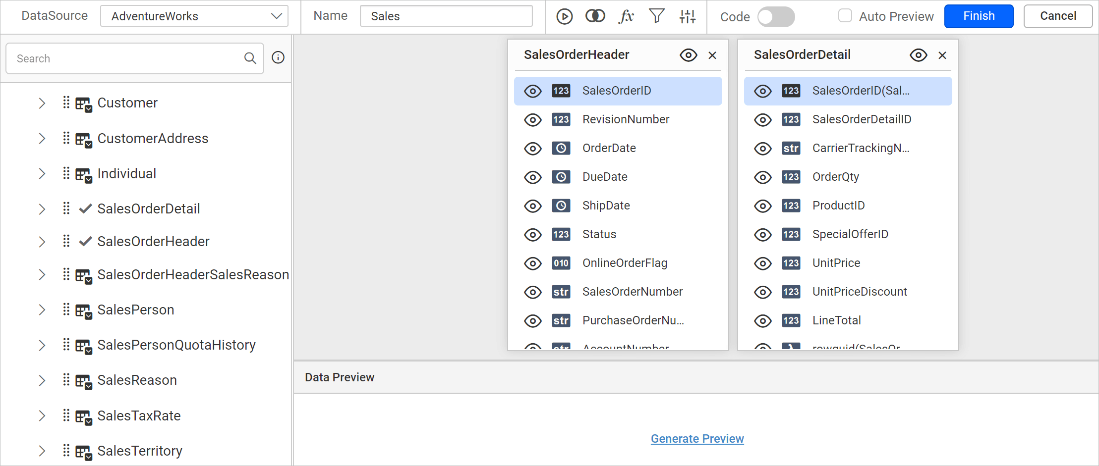 Query designer view