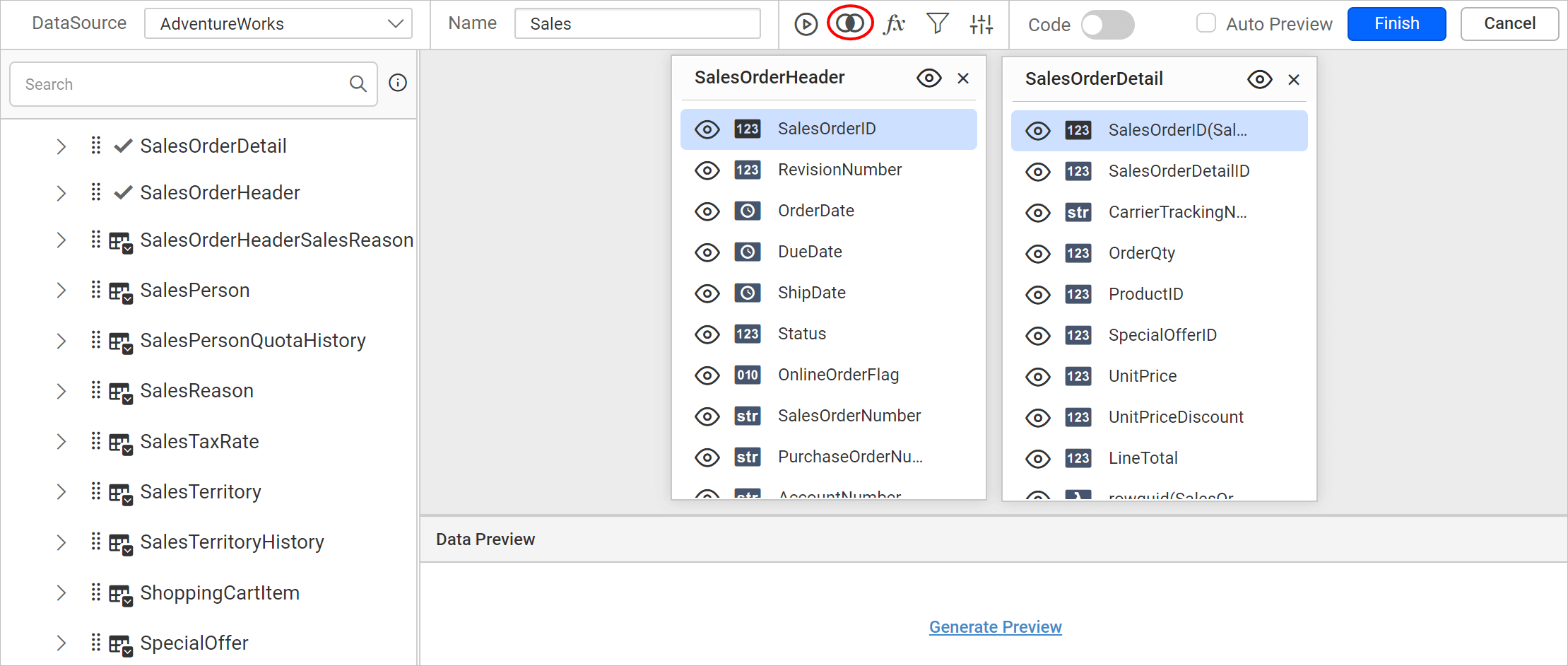 Query joiner icon in enabled state