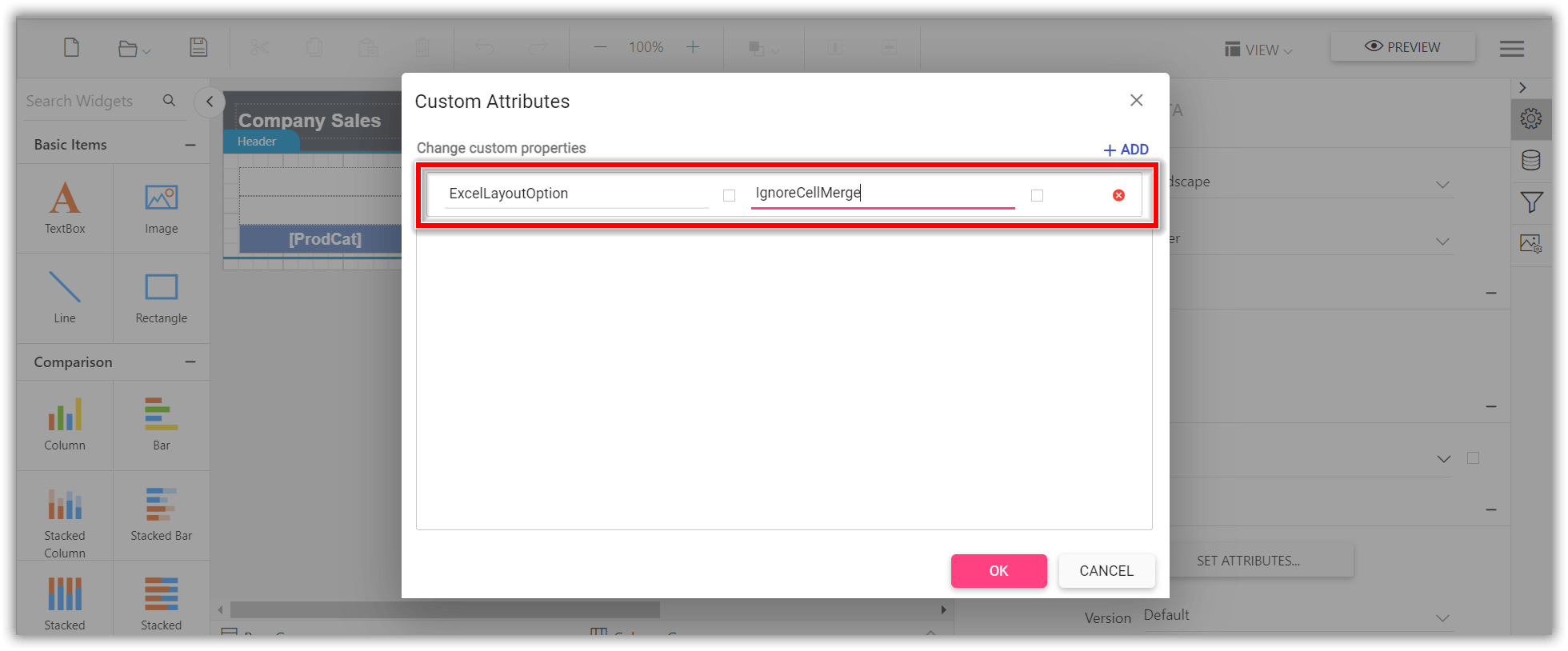 Shows configuration of excel layout option property in custom property dialog