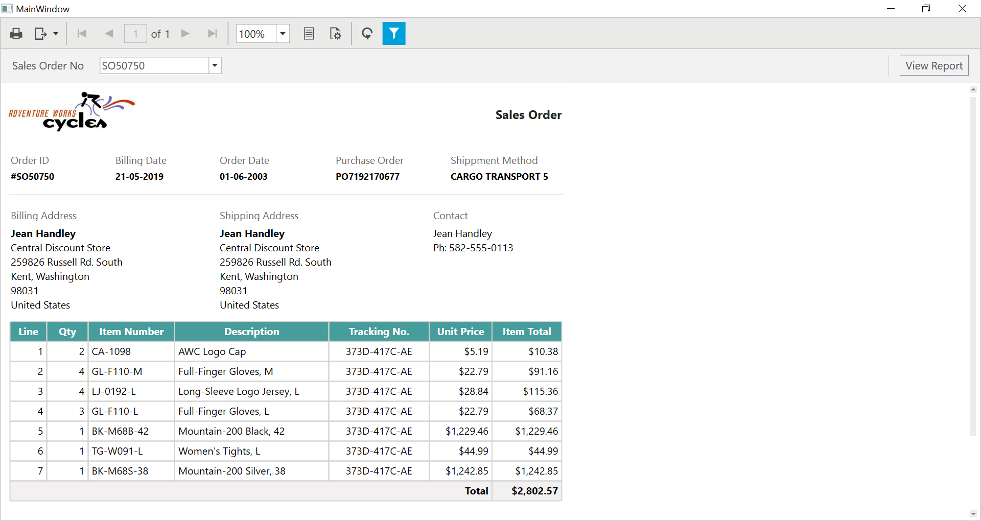 Preview of sales order detail report