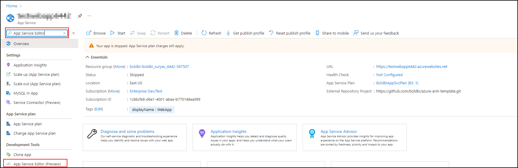 Search App Service Editor