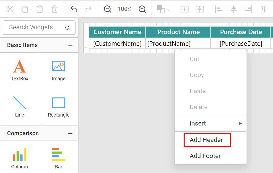 Add header option in context menu