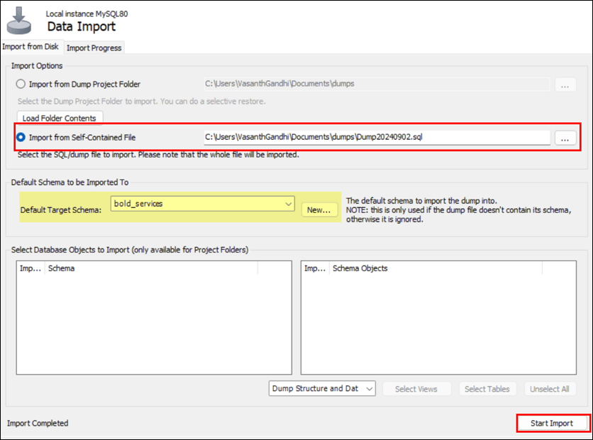 Select Import from Self Contained File