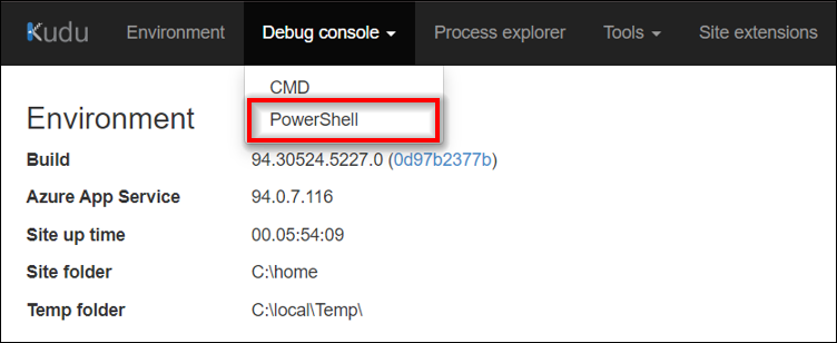 Kudu Console poweshell options