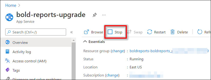 Stop Bold Reports Azure App Service