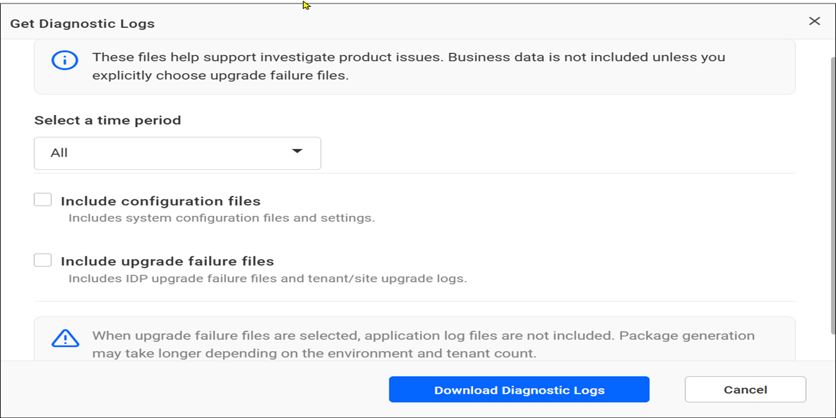 Get Diagnostic Logs option from Help menu