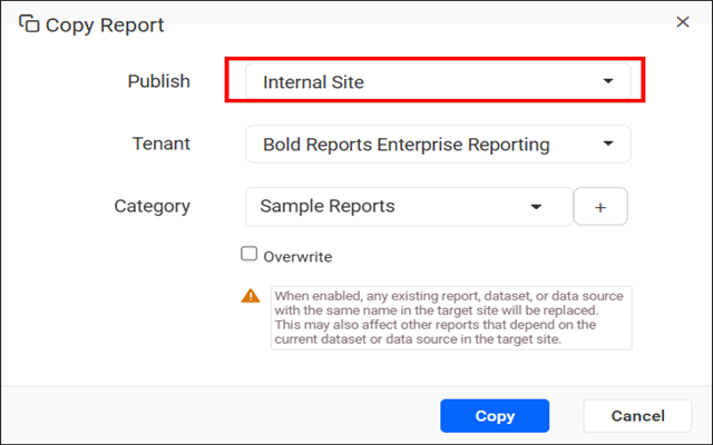 Select site type for copying multiple reports