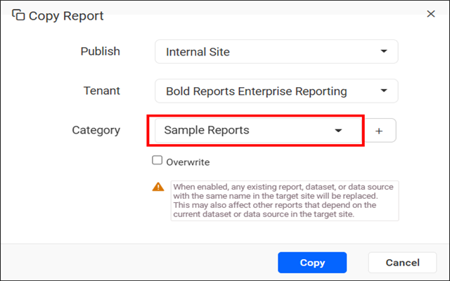 Select category for copied report