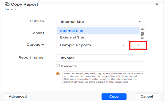Create category from copy report dialog
