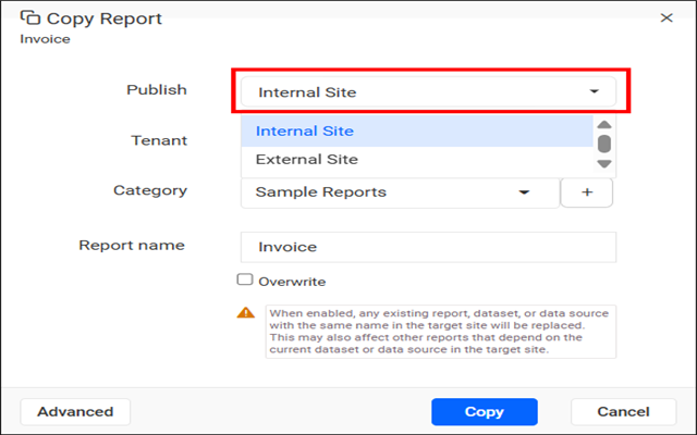 Select site type for copying report