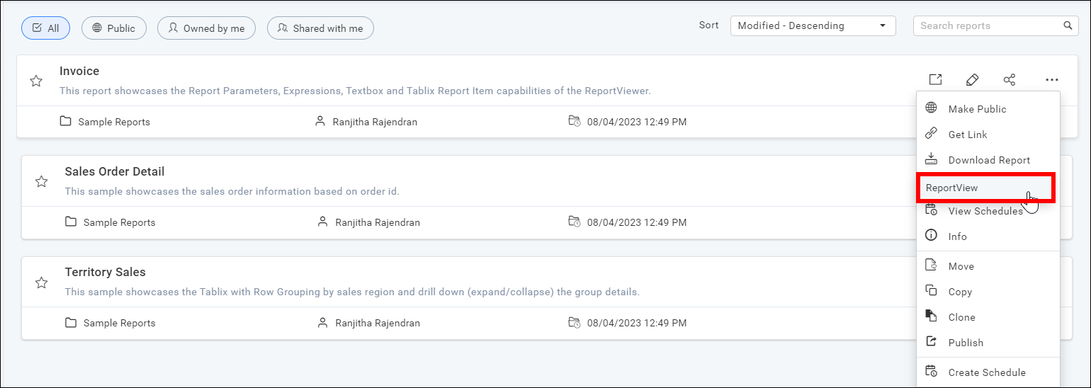 Manage Reports view